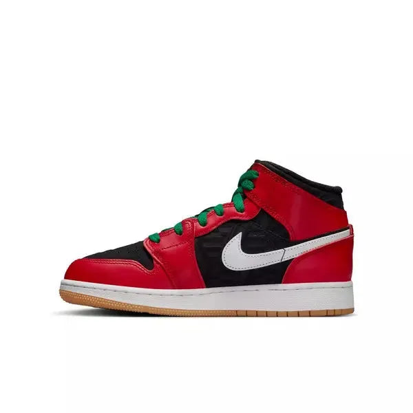 Nike Kids' Air Jordan 1 Mid SE Shoes - Fire Red / Black / Malachite Green / White