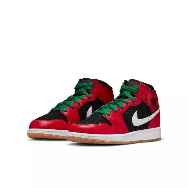 Nike Kids' Air Jordan 1 Mid SE Shoes - Fire Red / Black / Malachite Green / White